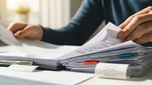 Close-up of hands flipping through a large stack of documents on a bright desk in an office setting.