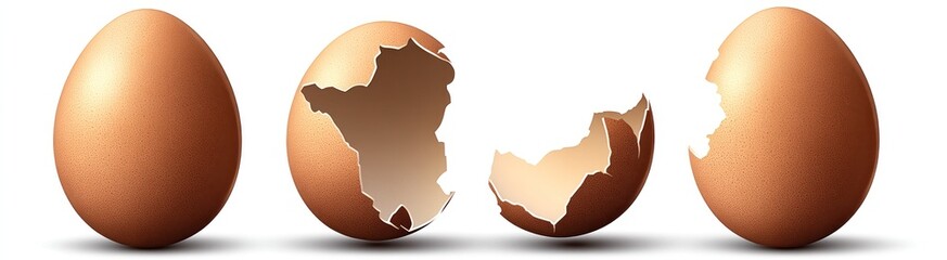 Three eggs one whole, one cracking, one cracked.