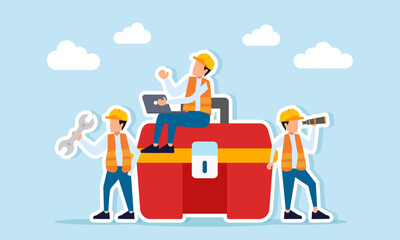 Several engineers around a toolbox one using a scope one holding a wrench and another with a laptop illustration of equipment preparation for construction project completion