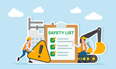 Engineer holding paperwork and another carrying warning sign standing near heavy equipment construction site and safety list board illustration of worksite safety awareness