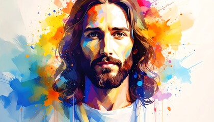 Jesus Christ Portrait with Artistic Watercolor Splashes with Faith Concept.