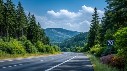 Fototapeta premium Asphalt road stretches through lush green forest under a cloudy sky