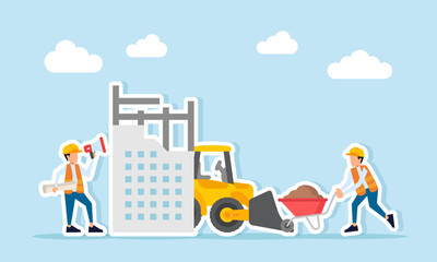 Engineer holding paperwork and megaphone while another pushes a sand cart near heavy equipment and a construction site illustration of giving instructions during project execution