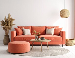 Cozy Modern Living Room with Vibrant Coral Sofa and Natural Decor