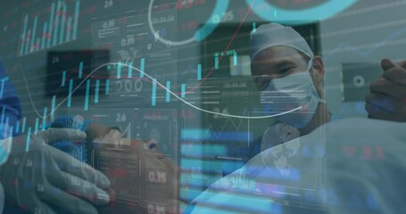 Scrub nurse adjusting patient head on OR table and surgeon monitoring shifting medical data overlay - Powered by Adobe