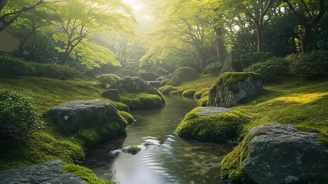 Peaceful garden with a babbling brook