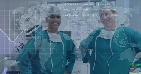 World-map hologram rising over OR while two surgeons lowering masks and tracking health data - Powered by Adobe