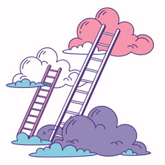 Ladders Reaching Into Colorful Cartoon Clouds in the Sky, A whimsical vector scene of three ladders extending upward into stylized clouds — pink, white, and purple — capturing themes of aspiration, el © Ahmad