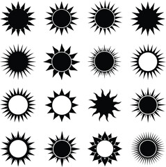 Diverse Sun and Starburst Silhouettes: Abstract Rays, Spikes, and Sunburst Shapes for Bright, Energetic, and Summer Designs.