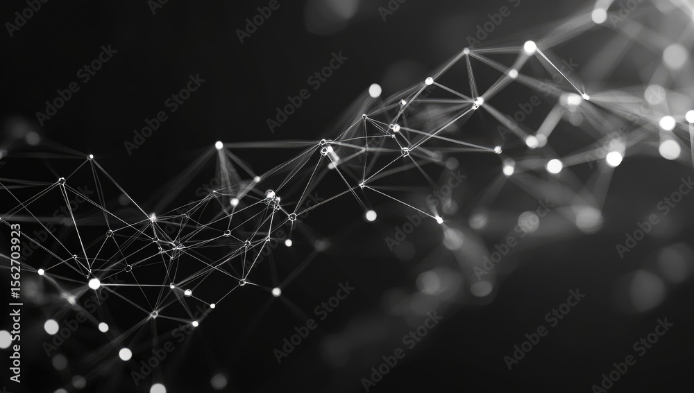 Poster Abstract network of interconnected points and lines, creating a dynamic, flowing design in grayscale