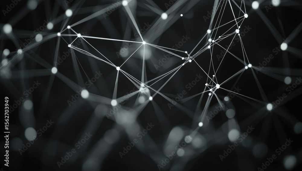 Poster Abstract network of interconnected points and lines.  A complex,  intertwined web of light gray lines and points against a dark background.  Detailed and intricate network structure
