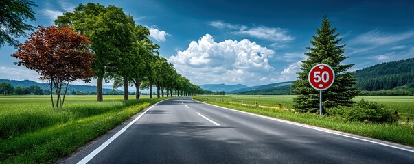 Asphalt road extends through a rural landscape with trees and a cloudy sky