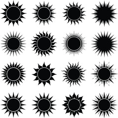 Fototapeta premium Diverse Sun and Starburst Silhouettes: Abstract Rays, Spikes, and Sunburst Shapes for Bright, Energetic, and Summer Designs.