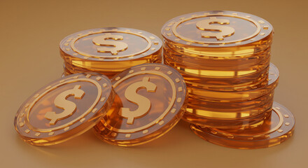 Golden Dollar Casino Chips Stack 3D Render - Gambling Poker Tokens Money Concept