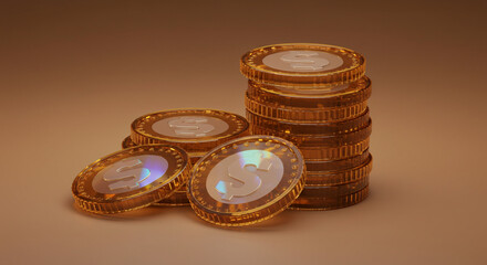 Golden Dollar Sign Coins Stack 3D Render - Digital Currency Finance Investment Concept