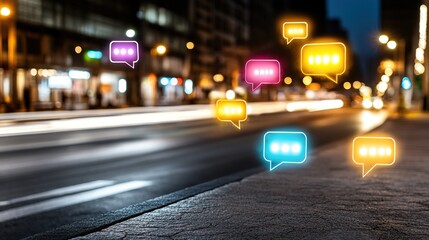 Colorful Speech Bubbles on City Street at Night with Light Trails