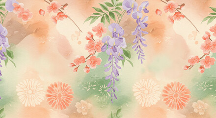 Watercolor Floral Seamless Pattern with Purple Wisteria and Coral Flowers
