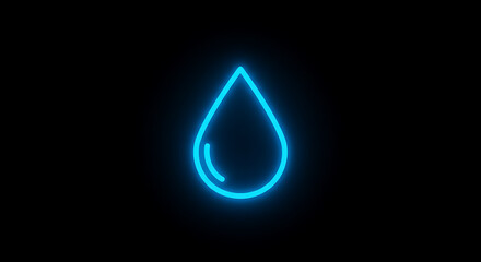 Glowing Neon Blue Water Drop Icon on Black Background