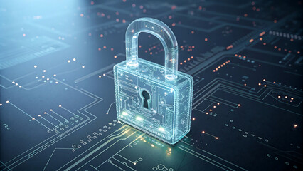 Glowing transparent padlock placed on a motherboard background