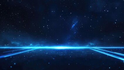 Deep space horizon, glowing blue lines across a dark starry expanse