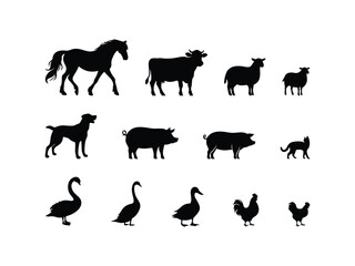 Farm animal silhouettes vector set. Horse, cow, pig, sheep, dog, cat, and poultry. A clean and simple black silhouette set featuring common farm animals.  Perfect for agricultural, educational design.