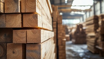 Stacked wooden beams in a large warehouse.  Close-up view of the square-cut lumber, showing the light-brown wood grain.  Blurred background shows more stacks of timber