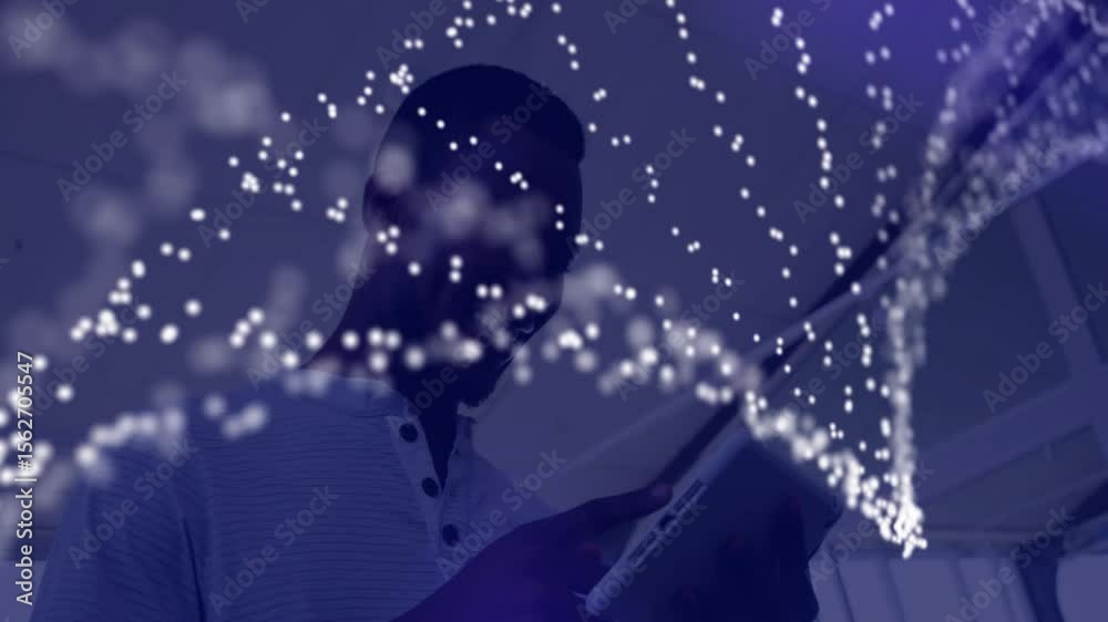 Poster male professional tapping tablet screen and generating glowing particle network visualizing data