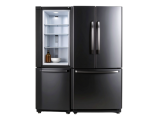 Compact Matte Black Refrigerator with Bottom Freezer, transparent background.