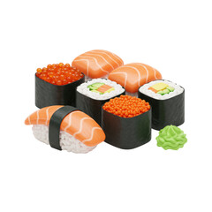 3D realistic set of sushi rolls for Japanese food, cuisine, seafood, or restaurant concept isolated on a transparent background, png, cutout