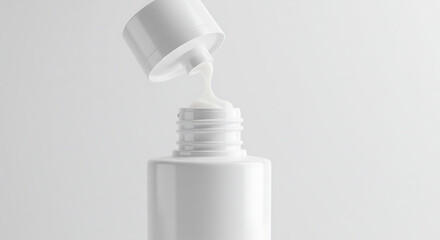 White Cosmetic Cream Pouring from Bottle, Minimalist Product Shot