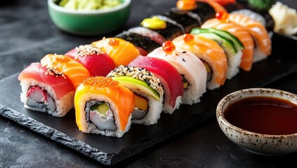 Colorful sushi assortment on slate platter