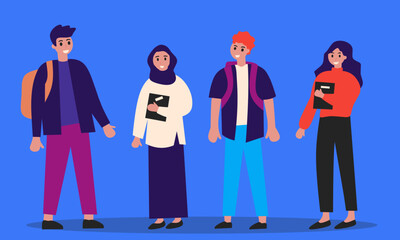 

A modern flat illustration of diverse people standing together. The group includes men and women with casual clothing and backpacks, representing students or young professionals.