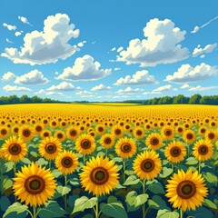 Fototapeta premium A vibrant field of sunflowers basks under a bright blue sky, filled with fluffy white clouds.