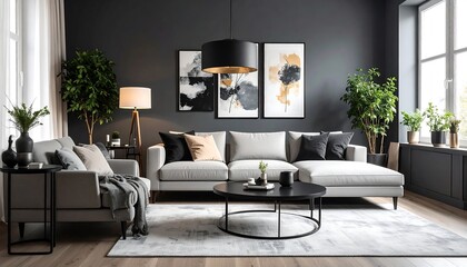 Modern living room interior with sofa with art, and decor, and cozy home space.