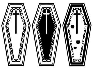 Obraz premium Three stylized coffins with crosses and chains in black and white