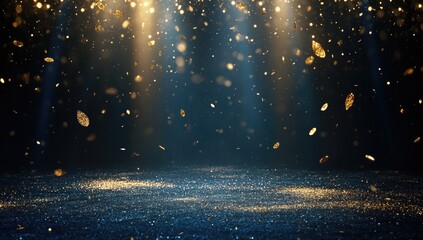 Golden glitter confetti falls from spotlights on a dark blue surface