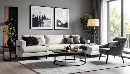 Modern living room interior with sofa with art prints, and lamp and window Home decor.