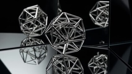 Geometric Steel Structure Rotating in Mirrored Space: Abstract Art Installation Video - Powered by Adobe