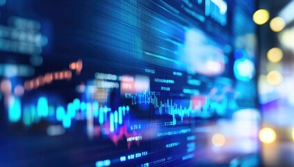 Abstract display of financial data. Blurry, dynamic chart visualizations on a dark screen. Vivid blue, teal, and orange highlights