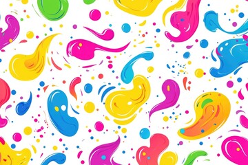 Abstract colorful paint splatter pattern on white background.  Dynamic, flowing shapes in vibrant hues.  Small circles and dots scattered throughout.  Visually energetic and joyful