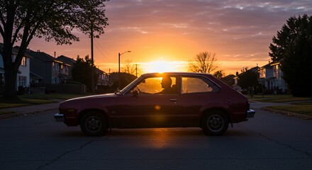 Fototapeta premium Silhouette of a driver enjoying a sunset drive through a residential neighborhood, bathed in the golden light of the setting sun.