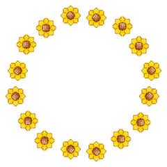 Sunflower Pixel Round Frame. Cheerful Summer Border for Digital Use and Package Decoration