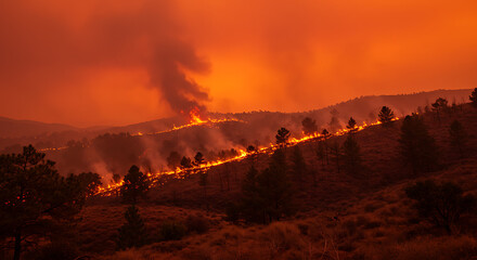 Obraz premium Fiery Inferno: Wildfire Engulfs Mountain Ridge at Dusk