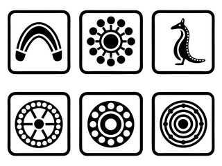 Collection of six black and white icons featuring aboriginal art and symbols