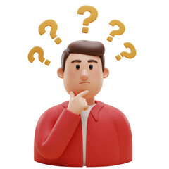 3D realistic confused man thinking with question marks for doubt, question, decision, or idea concept isolated on a transparent background, png, cutout