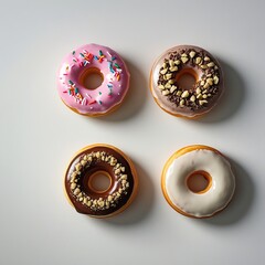 Fototapeta premium Four perfectly round donuts evenly spaced in a triangular arrangement directly on a plain white background—no props or plate. One has pink glaze with rainbow sprinkles.