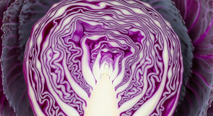 Obraz premium Close-up of a vibrant purple cabbage cross-section, showcasing intricate layered patterns and vivid color contrast between the purple leaves and white core.