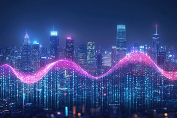 Futuristic city skyline overlaid with glowing data visualizations.  Vibrant pink and blue digital waveforms cascade over illuminated skyscrapers at night