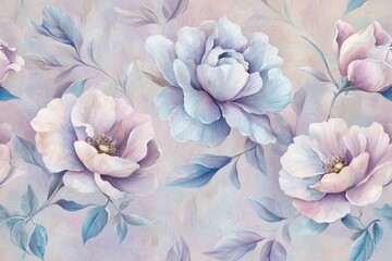 Pastel floral pattern, soft hues of lavender and blush.  Delicate blossoms and leaves.  Painterly style, seamless repeat