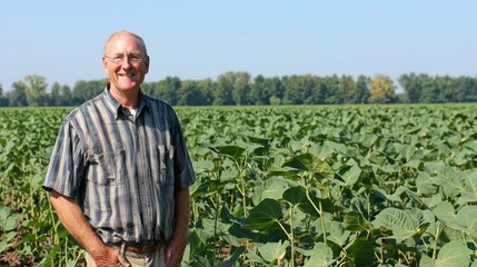 Fototapeta premium A man standing in a field of sunflowers, wearing a striped shirt, with a clear blue sky in the background.